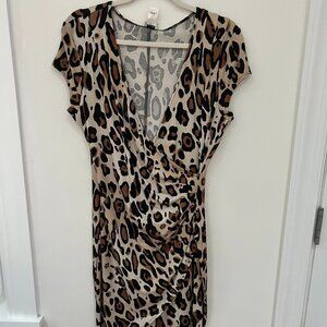 CACHE beige brown animal leopard faux wrap stretch unlined bodycon dress Sz L